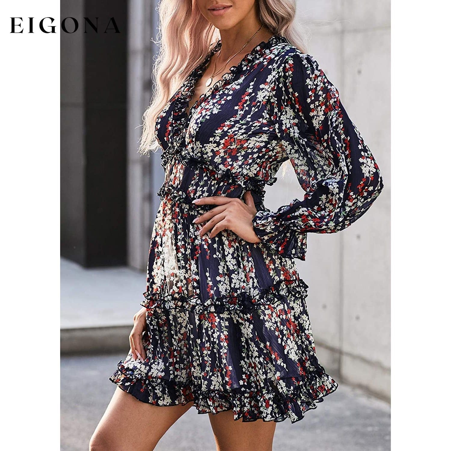 Womens Spring Summer Deep V Neck Ruffle Long Sleeve Floral Print Mini Dress casual dresses clothes dresses refund_fee:1200