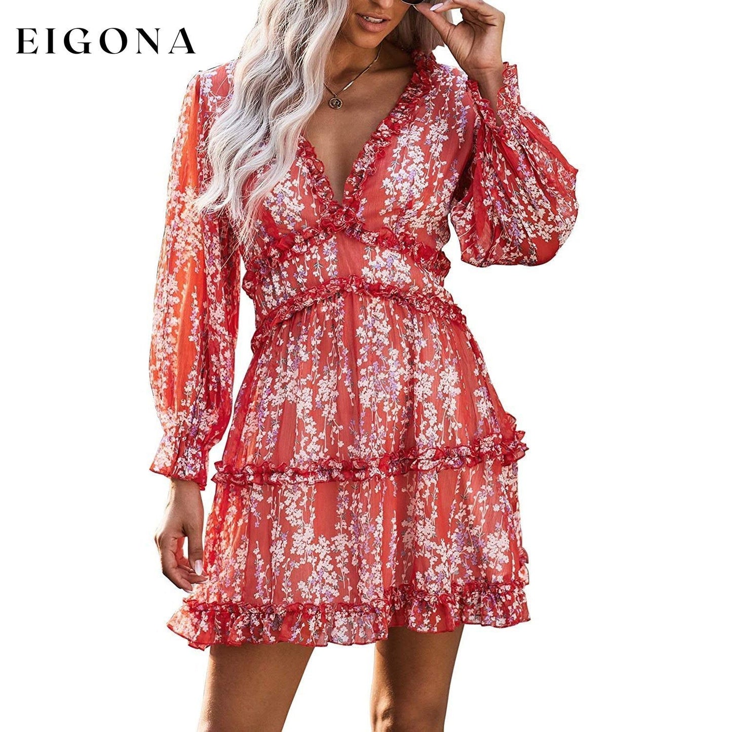 Womens Spring Summer Deep V Neck Ruffle Long Sleeve Floral Print Mini Dress Red casual dresses clothes dresses refund_fee:1200