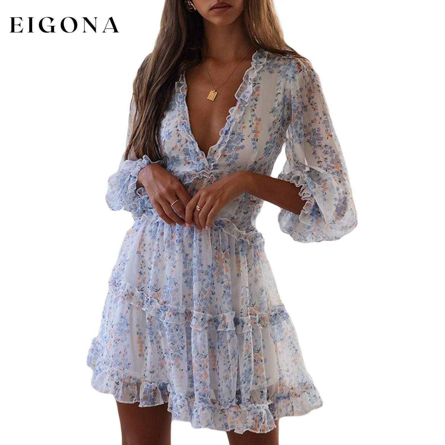 Womens Spring Summer Deep V Neck Ruffle Long Sleeve Floral Print Mini Dress White casual dresses clothes dresses refund_fee:1200