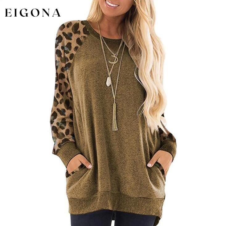 Haute Edition Women's Ultra Soft Long Sleeve Pullover Sweatshirt Leopard Design Khaki __label1:BOGO FREE __stock:50 Clearance clothes refund_fee:1200 tops