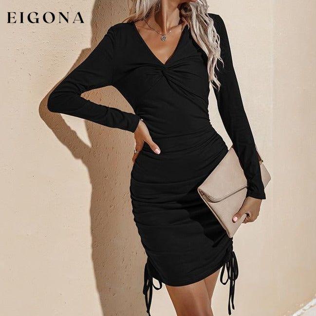 Long Sleeve Deep Sexy Long Sleeve Slim Elastic Bodycon Shirring Mini Dresses __stock:500 casual dresses clothes dresses refund_fee:1200