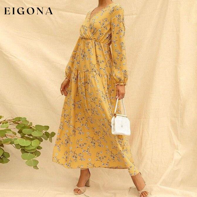 Long Sleeve Fashion Casual High Waist Maxi Dress Slim Floral Print V Neck __stock:500 casual dresses clothes dresses refund_fee:1200