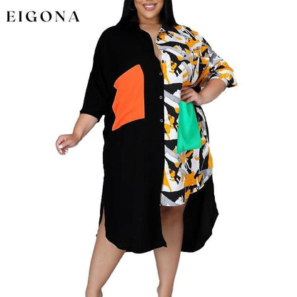 Plus Size Dress Color Block Loose Shirt Dress Black __stock:500 casual dresses clothes dresses refund_fee:1200