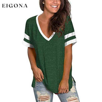 Womens Tops Striped Short Sleeve V Neck Tee T Shirts Dark Green __stock:200 clothes refund_fee:800 tops