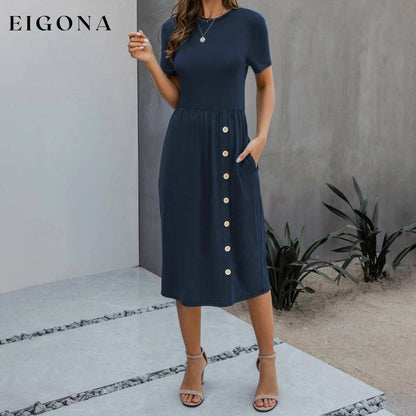 Slant Pocket Button Detail Dress Navy Blue __stock:200 casual dresses clothes dresses refund_fee:1200 show-color-swatches