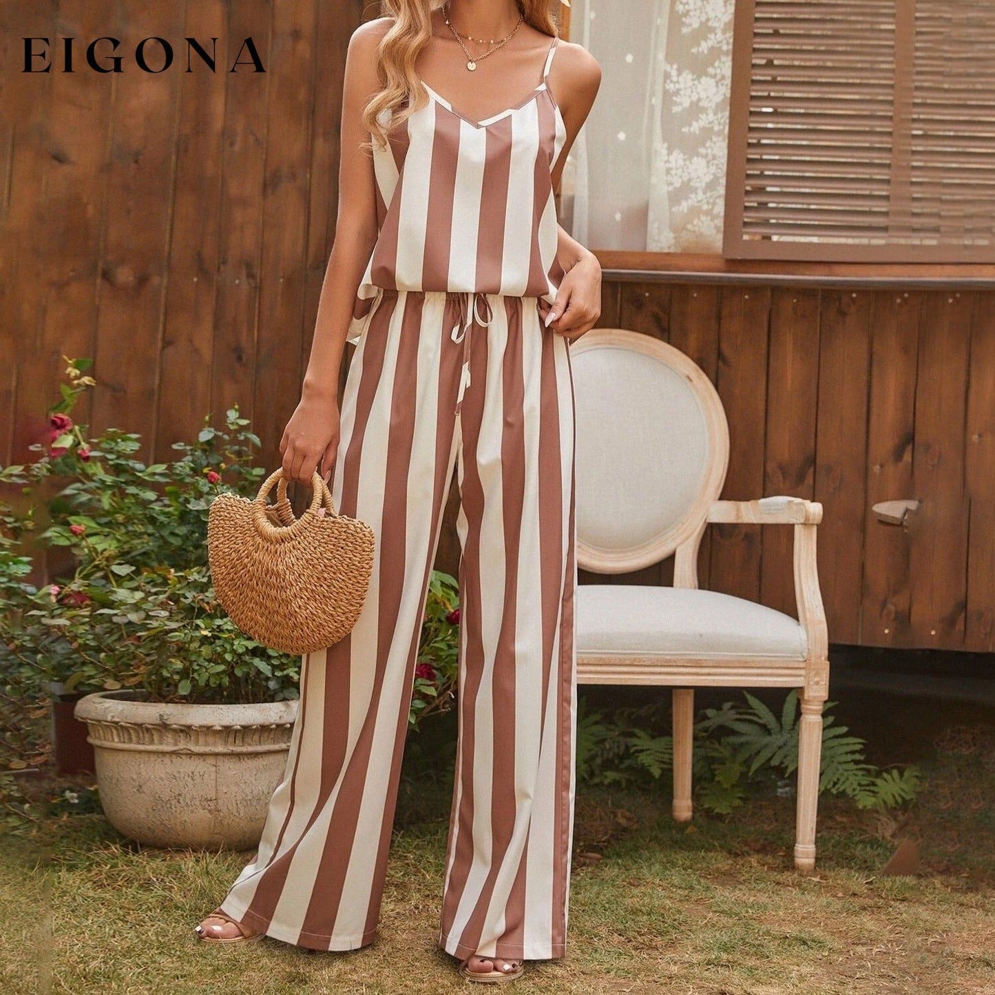 Striped Cami Top and Knot Waist Pants Apricot __stock:200 casual dresses clothes dresses refund_fee:1200 show-color-swatches