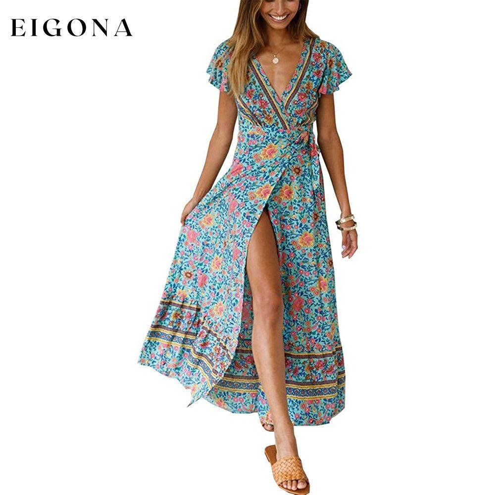 Women Boho Summer Side Split Deep V Neck Short Sleeves Maxi Dress with Belt __stock:350 casual dresses clothes dresses refund_fee:1800