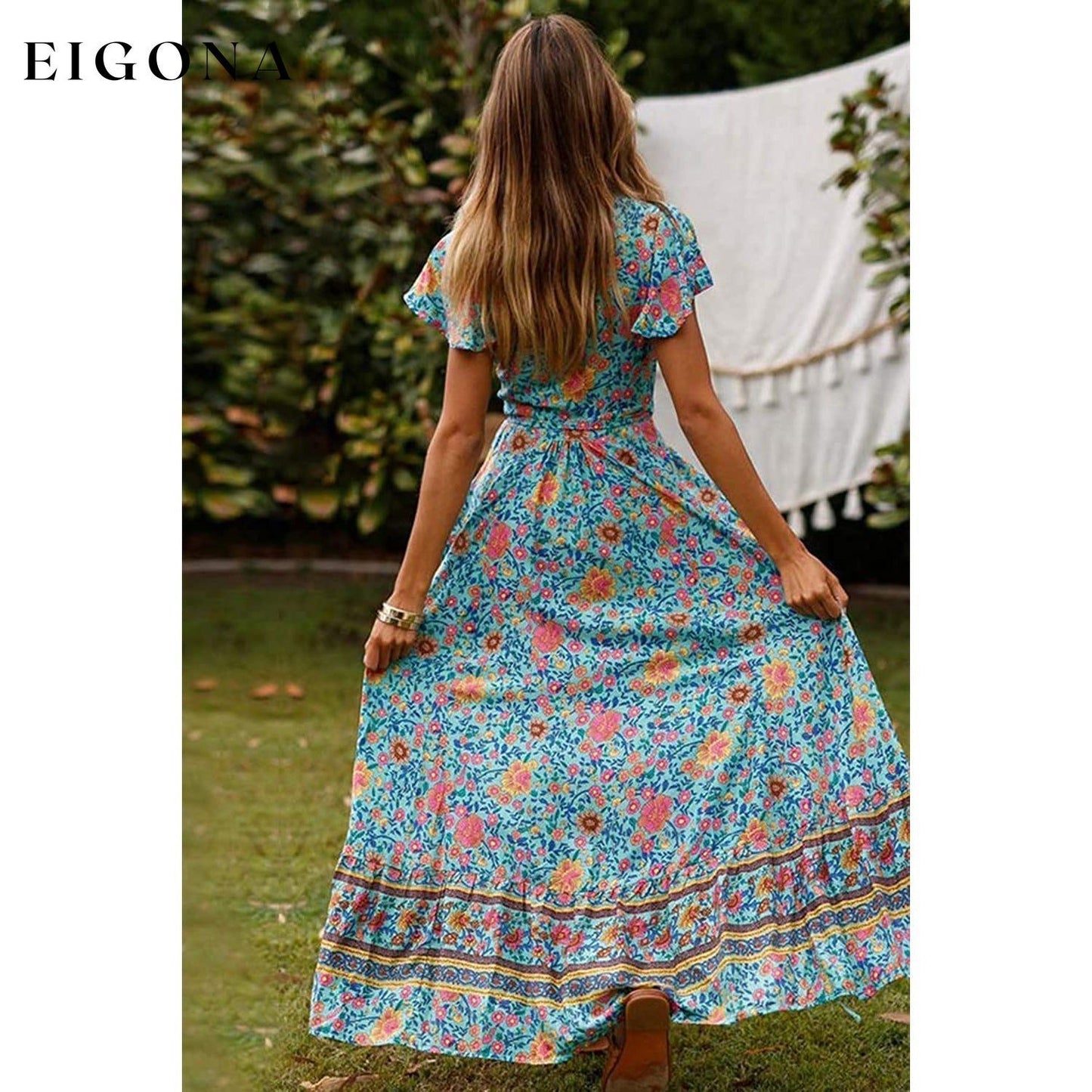 Women Boho Summer Side Split Deep V Neck Short Sleeves Maxi Dress with Belt __stock:350 casual dresses clothes dresses refund_fee:1800