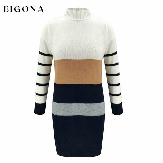 Women Knit Cowl Turtleneck Stripe Sweater Dress Long Sleeve Pullover Mini Dress __stock:500 casual dresses clothes dresses refund_fee:1200