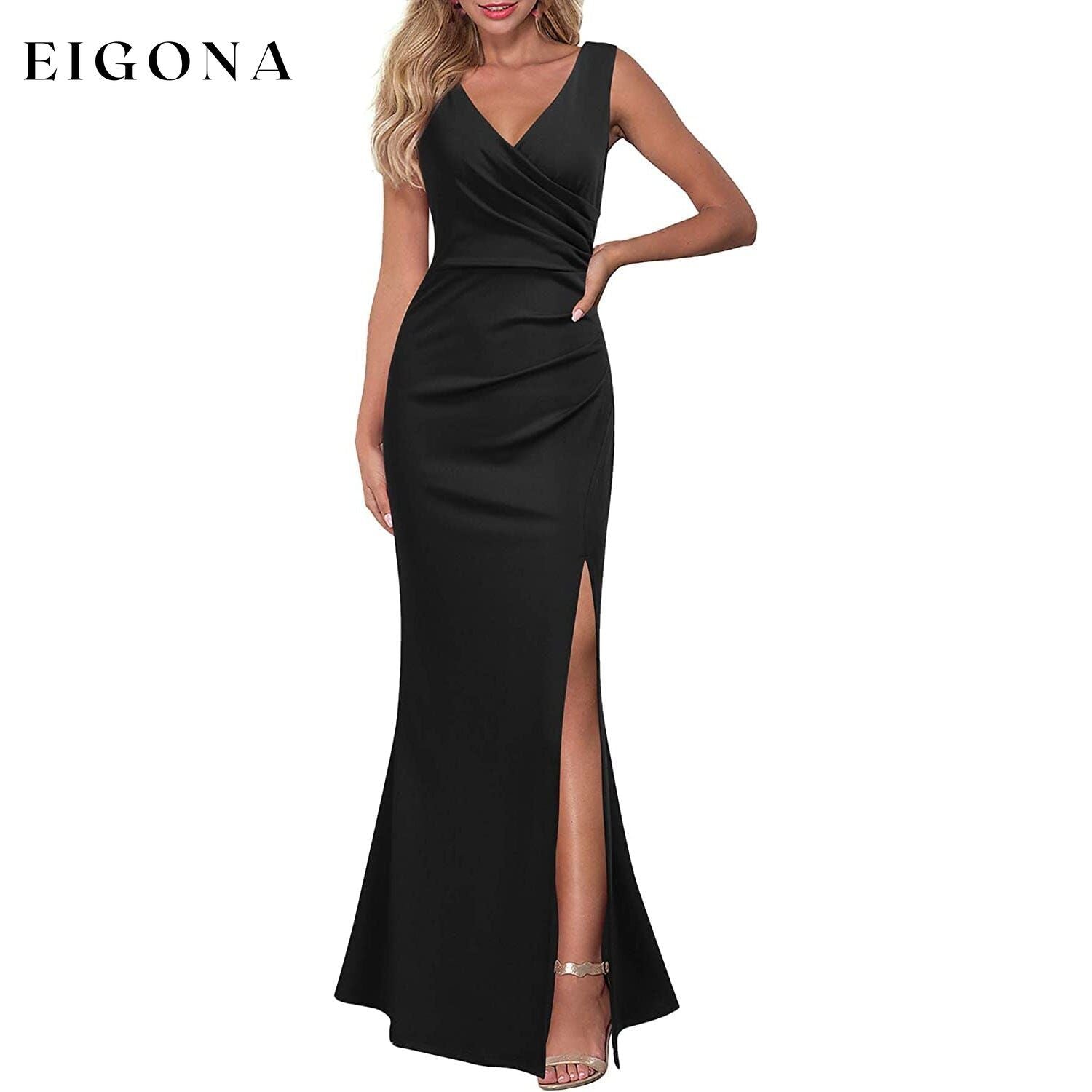 Women Sleeveless V Neck Split Evening Cocktail Long Dress Black __stock:200 casual dresses clothes dresses refund_fee:1200