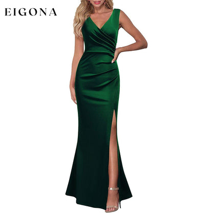 Women Sleeveless V Neck Split Evening Cocktail Long Dress Green __stock:200 casual dresses clothes dresses refund_fee:1200