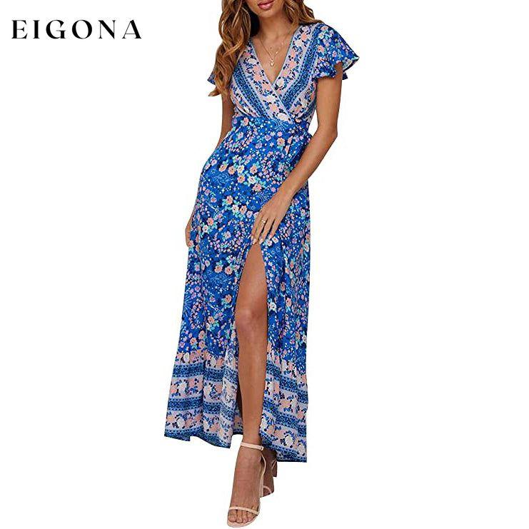 Women's Bohemian Floral Printed Wrap V Neck Maxi Dress Blue __stock:200 casual dresses clothes dresses refund_fee:1200