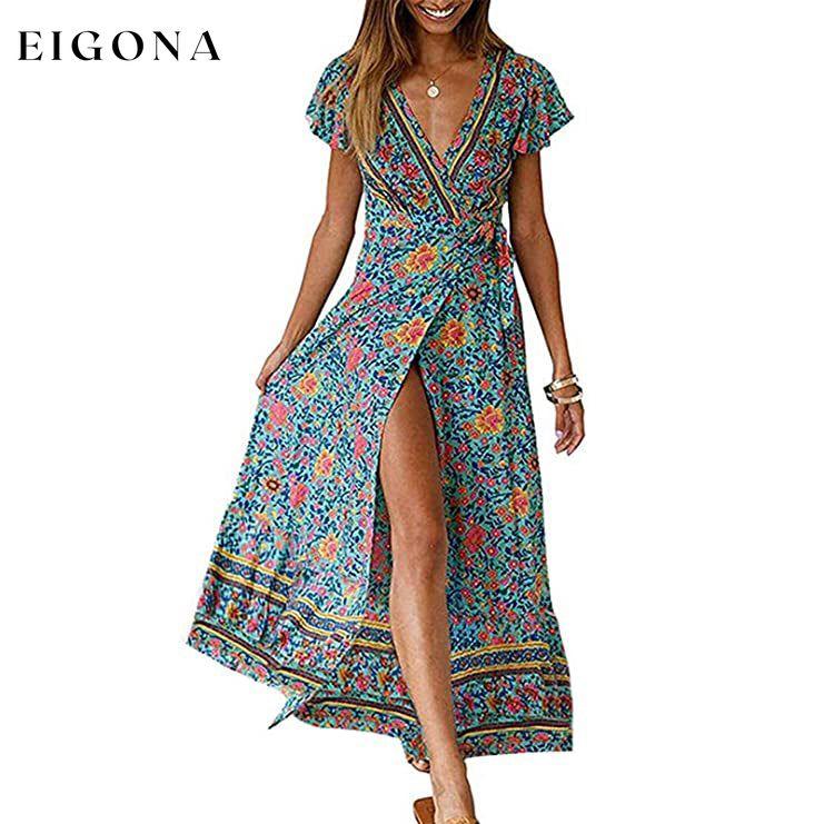 Women's Bohemian Floral Printed Wrap V Neck Maxi Dress Green __stock:200 casual dresses clothes dresses refund_fee:1200