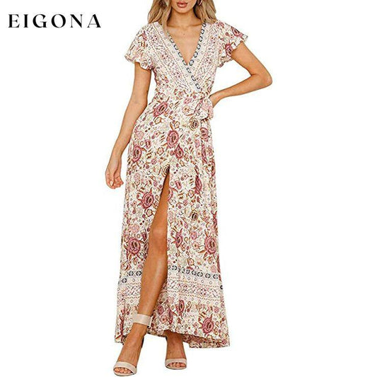 Women's Bohemian Floral Printed Wrap V Neck Maxi Dress Ivory __stock:200 casual dresses clothes dresses refund_fee:1200