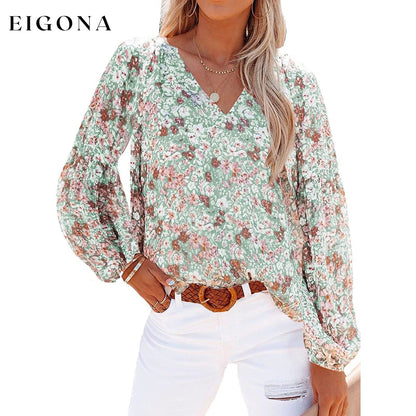 Womens Casual Boho Floral Print V Neck Long Sleeve Loose Blouse Green __stock:200 clothes refund_fee:1200 tops