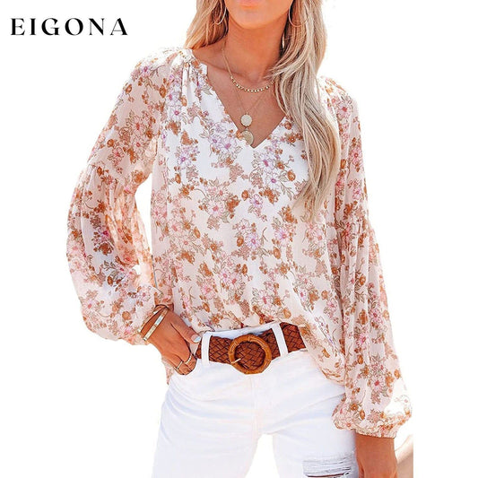 Womens Casual Boho Floral Print V Neck Long Sleeve Loose Blouse White __stock:200 clothes refund_fee:1200 tops