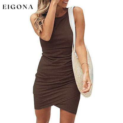 Women's Casual Crew Neck Ruched Mini Dress Coffee __stock:200 casual dresses clothes dresses refund_fee:1200