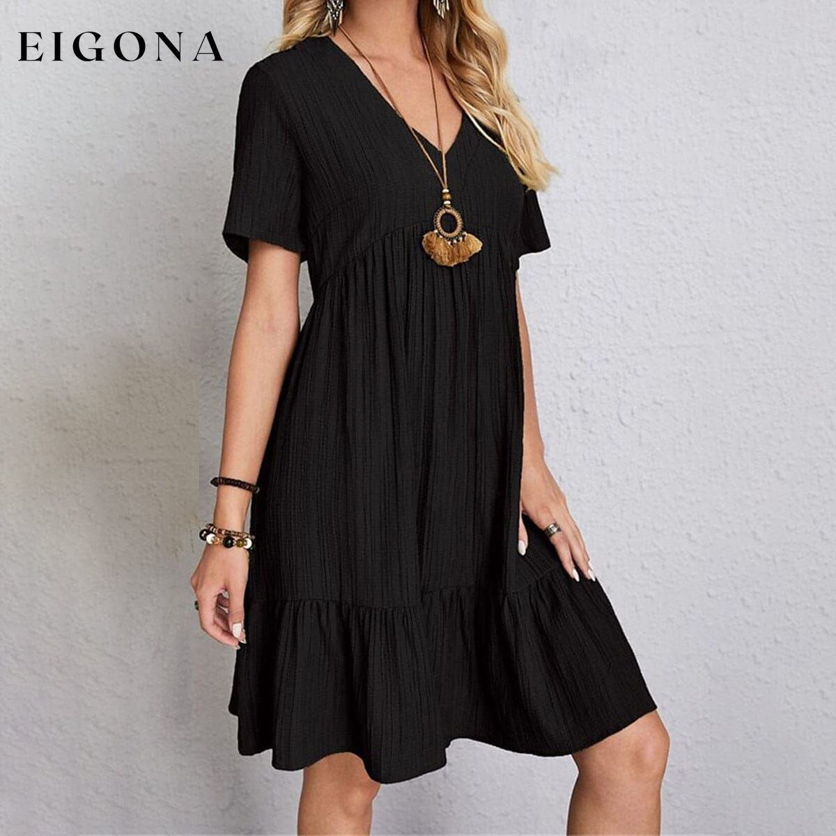 Women's Casual Dress Ruffle V Neck Midi Shift Dress Black __stock:400 casual dresses clothes dresses refund_fee:1200