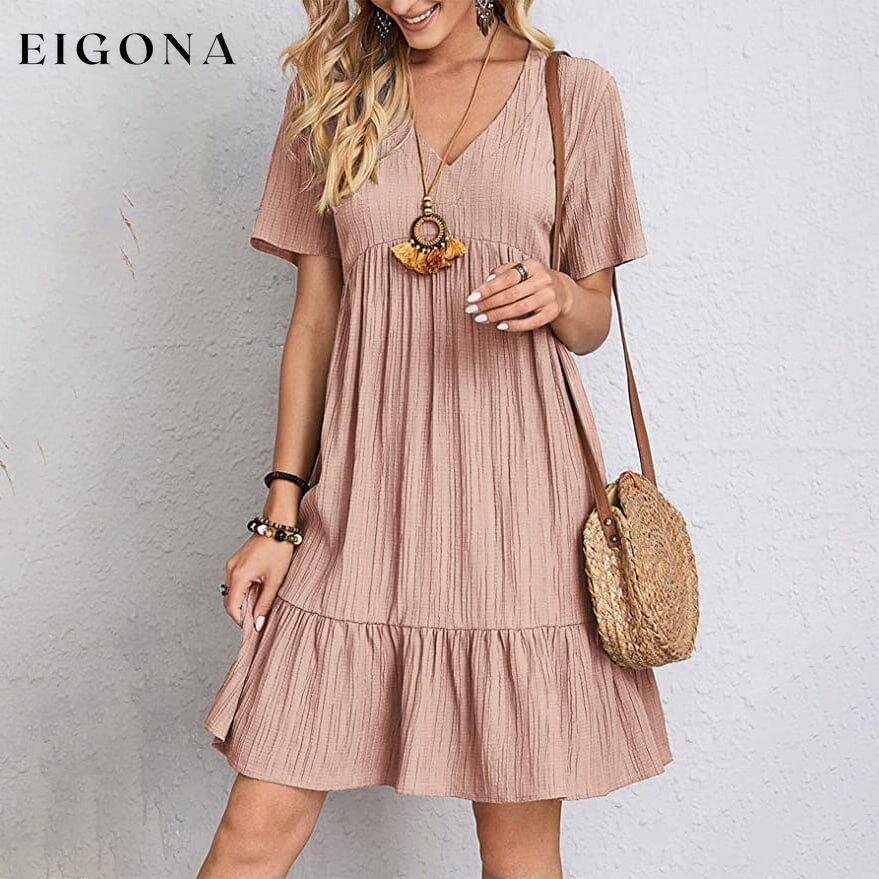 Women's Casual Dress Ruffle V Neck Midi Shift Dress Pink __stock:400 casual dresses clothes dresses refund_fee:1200