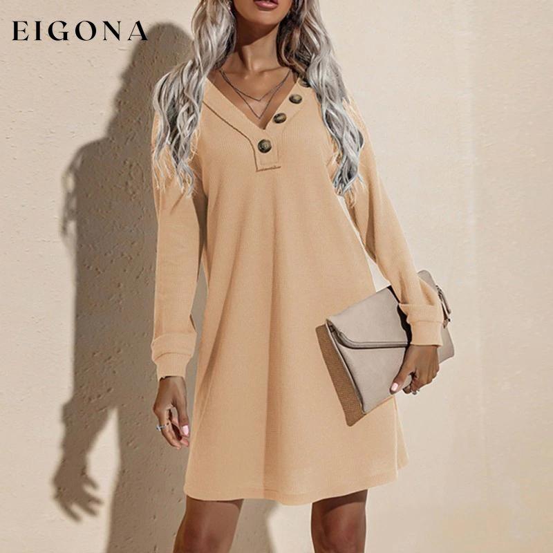 Women's Casual Dresses V-Neck Buttoned Hip Knitted Dresses Apricot __stock:500 casual dresses clothes dresses refund_fee:1200