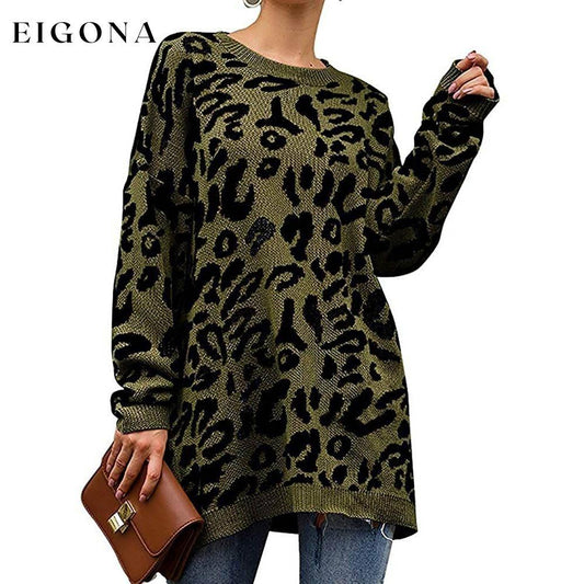 Women’s Casual Leopard Print Long Sleeve Crew Neck Knitted Oversized Pullover Sweaters Tops Army Green __stock:100 clothes refund_fee:1200 tops