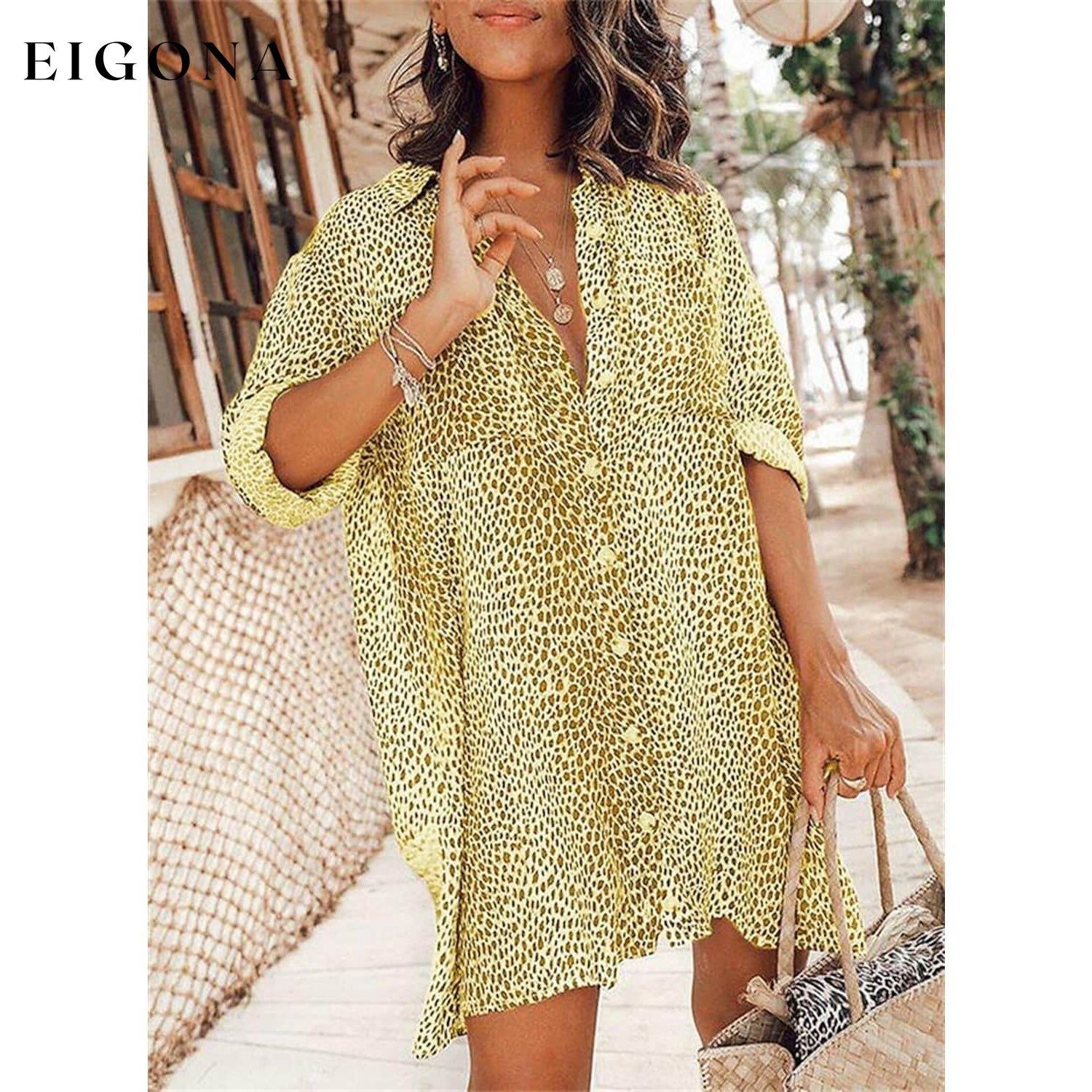 Women's Casual Leopard Print Shirt Dress Yellow __stock:200 casual dresses clothes dresses refund_fee:1200