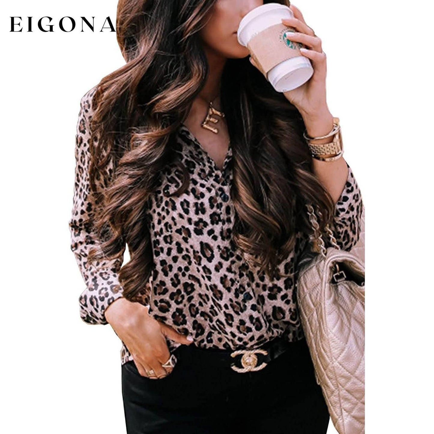 Womens Casual Tops V Neck Leopard Tunic Long Sleeve Button Down Shirts Top __stock:200 clothes refund_fee:800 tops