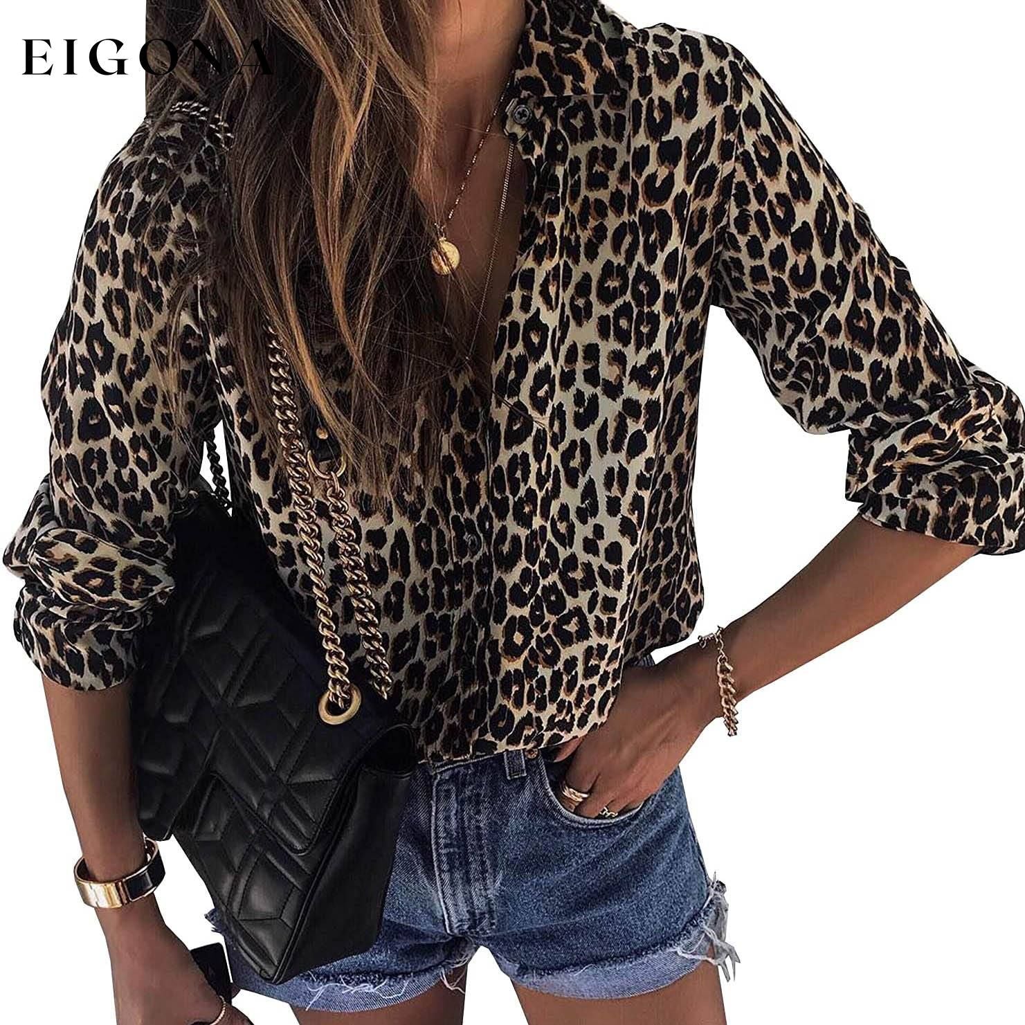 Womens Casual Tops V Neck Leopard Tunic Long Sleeve Button Down Shirts Top __stock:200 clothes refund_fee:800 tops