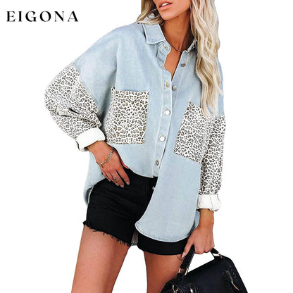 Womens Contrast Leopard Denim Jacket Long Sleeve Button Down Shirts Sky Blue __stock:200 clothes refund_fee:1200 tops