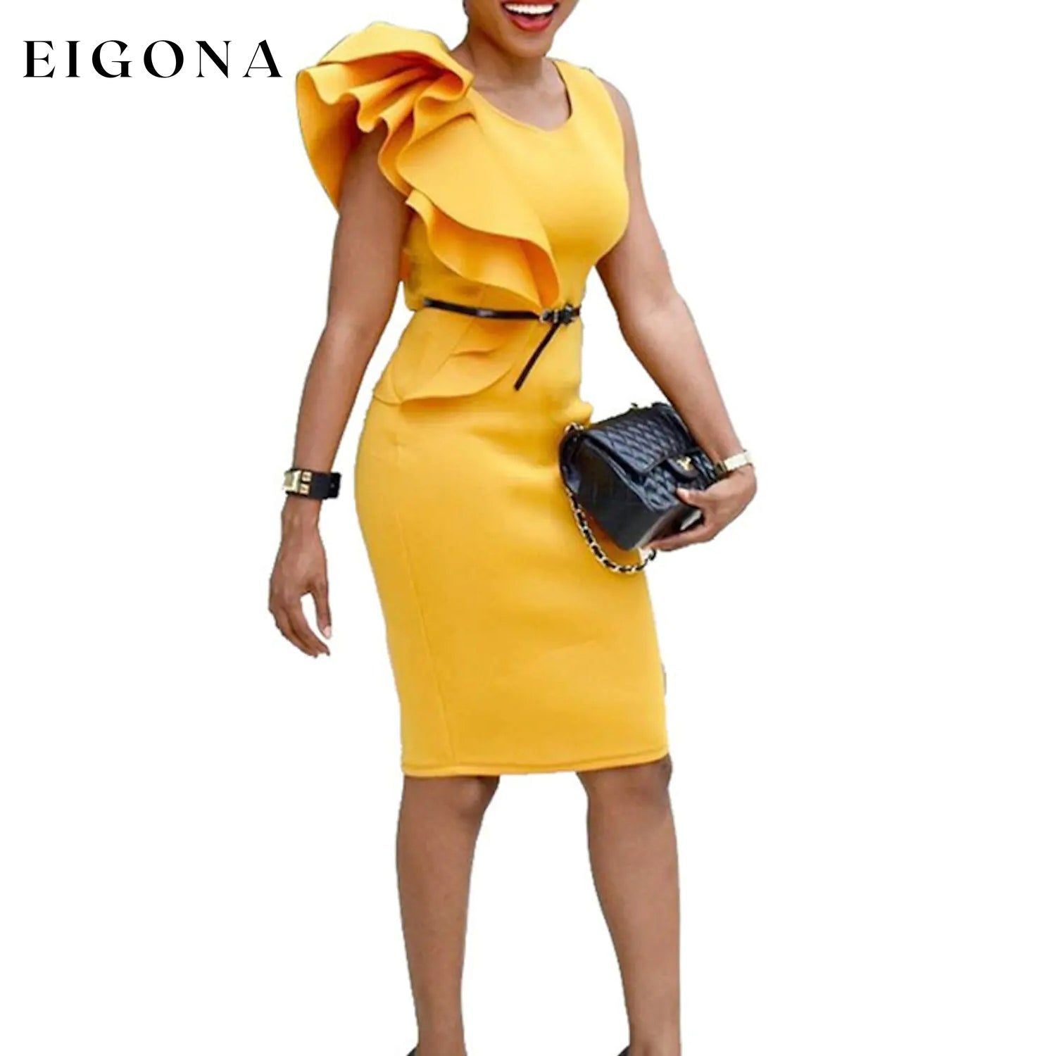 Women's Crew Neck Work Casual Sheath Dress Yellow __stock:200 casual dresses clothes dresses refund_fee:1200