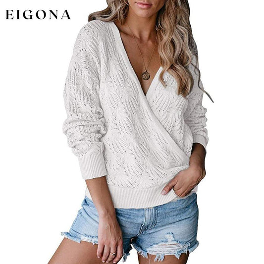 Women's Deep V Neck Long Sleeve Crochet Tops White __stock:200 clothes refund_fee:1200 tops