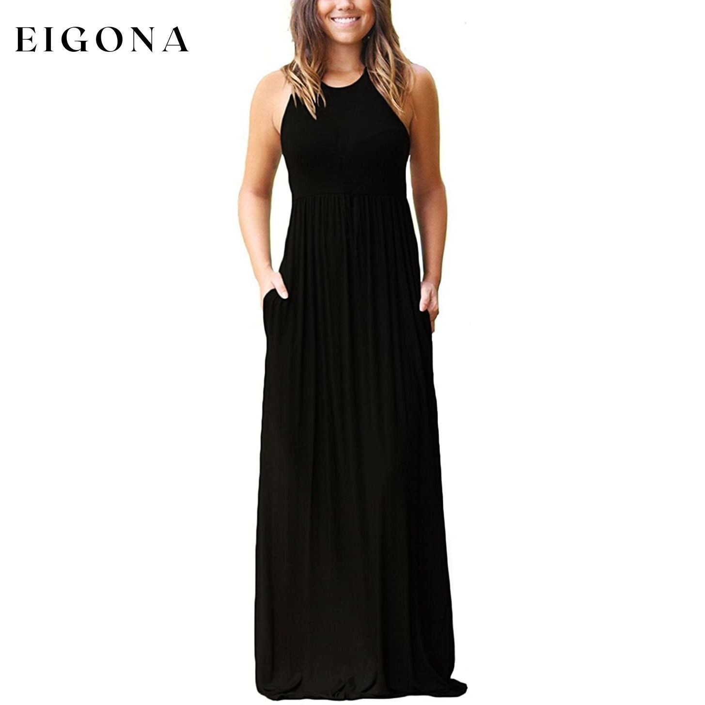 Women's Fashion Summer Sleeveless Racerback Loose Plain Maxi Dresses Black __stock:200 casual dresses clothes dresses refund_fee:1200