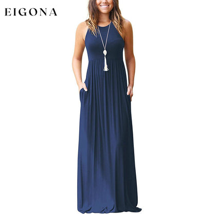 Women's Fashion Summer Sleeveless Racerback Loose Plain Maxi Dresses Navy __stock:200 casual dresses clothes dresses refund_fee:1200