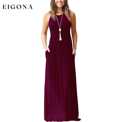 Women's Fashion Summer Sleeveless Racerback Loose Plain Maxi Dresses Wine Red __stock:200 casual dresses clothes dresses refund_fee:1200