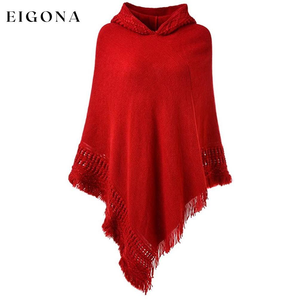 Womens Hooded Cape with Fringed Hem, Crochet Poncho Knitting Patterns Red __stock:50 Jackets & Coats refund_fee:1200