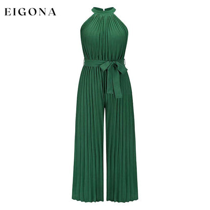 Women's Lace-Up Halter Casual Wide-Leg Jumpsuit Green __stock:200 casual dresses clothes dresses refund_fee:1200