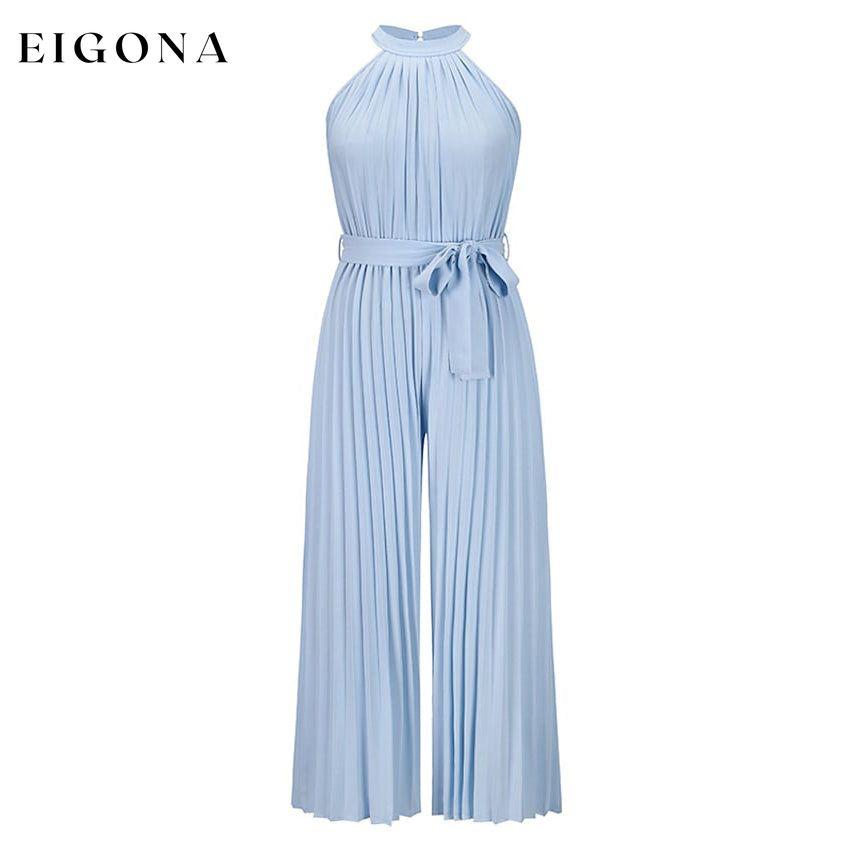 Women's Lace-Up Halter Casual Wide-Leg Jumpsuit Light Blue __stock:200 casual dresses clothes dresses refund_fee:1200