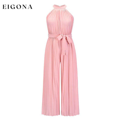 Women's Lace-Up Halter Casual Wide-Leg Jumpsuit Pink __stock:200 casual dresses clothes dresses refund_fee:1200