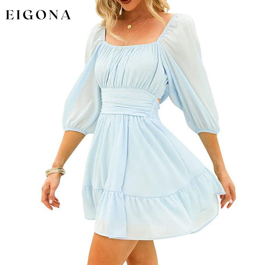 Women's Lantern Sleeve Tie Back Mini Dress Light Blue __stock:200 casual dresses clothes dresses refund_fee:1200