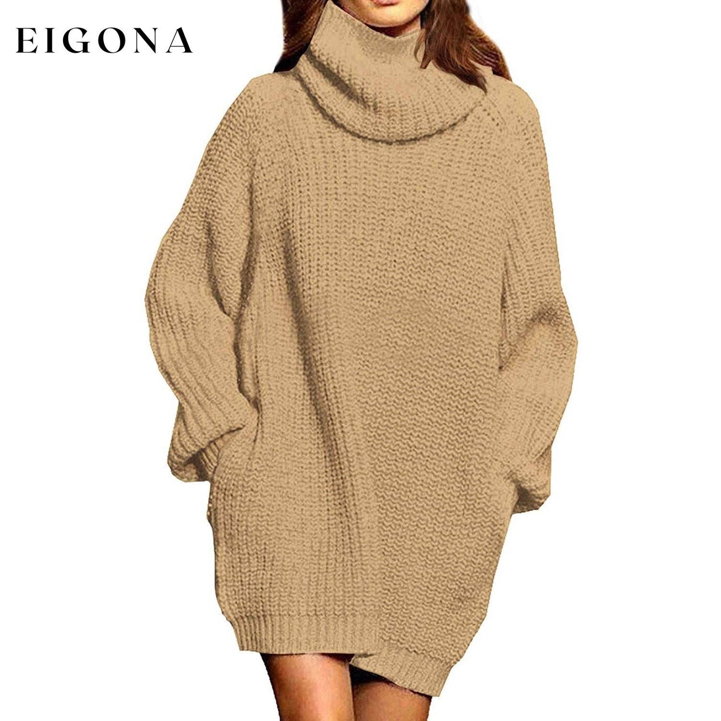 Women's Loose Turtleneck Oversize Long Pullover Sweater Dress Apricot __stock:100 casual dresses clothes dresses refund_fee:1200