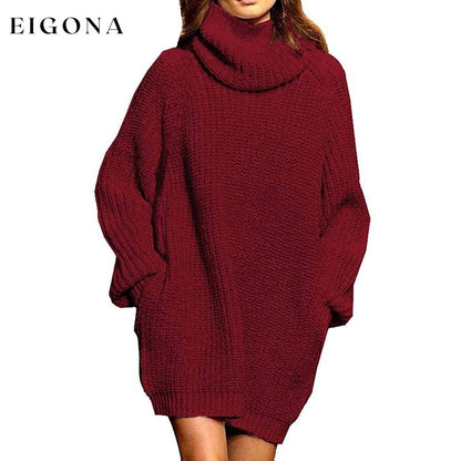 Women's Loose Turtleneck Oversize Long Pullover Sweater Dress Wine Red __stock:100 casual dresses clothes dresses refund_fee:1200