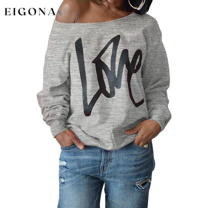 Womens Love Letter Printed Off Shoulder Pullover Sweatshirt Slouchy Tops Shirts Gray __stock:50 clothes refund_fee:800 tops