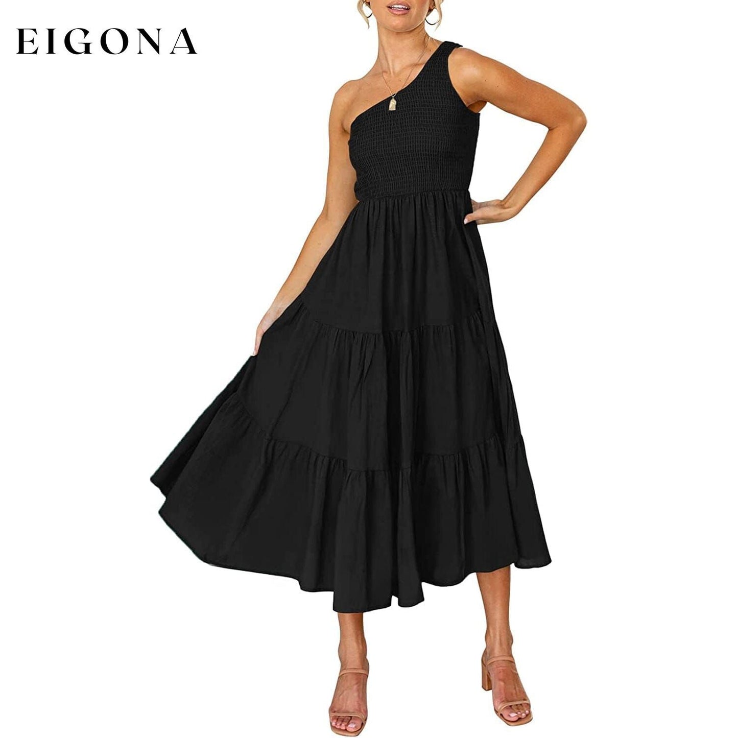 Womens One Shoulder Sleeveless Smocked Ruffle Tiered Beach Long Midi Dress Black __stock:200 casual dresses clothes dresses refund_fee:1200