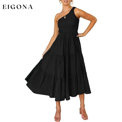 Womens One Shoulder Sleeveless Smocked Ruffle Tiered Beach Long Midi Dress Black __stock:200 casual dresses clothes dresses refund_fee:1200