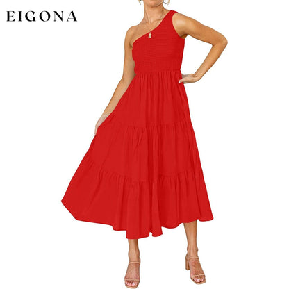 Womens One Shoulder Sleeveless Smocked Ruffle Tiered Beach Long Midi Dress Red __stock:200 casual dresses clothes dresses refund_fee:1200