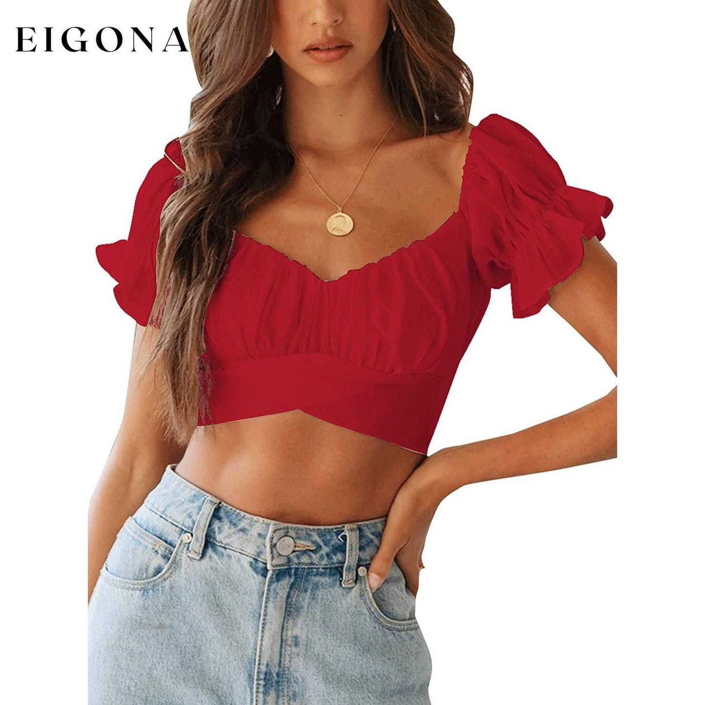 Women's Ruffle Short Sleeve Tie Shirt Red __stock:200 clothes refund_fee:800 tops