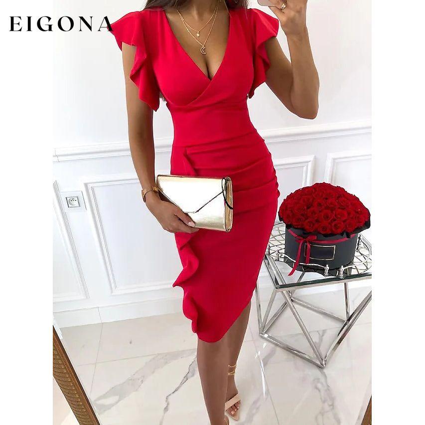 Women's Sheath V-Neck Knee Length Dress Red __stock:200 casual dresses clothes dresses refund_fee:1200 show-color-swatches