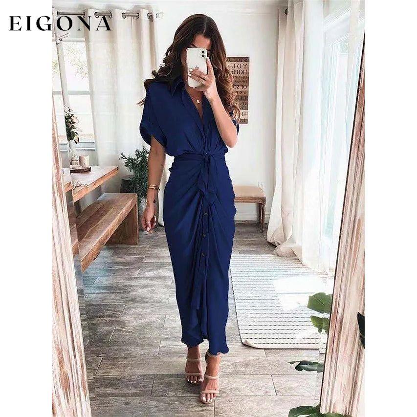 Women's Shirt Maxi Long Dress Navy Blue __stock:200 casual dresses clothes dresses refund_fee:1200 show-color-swatches