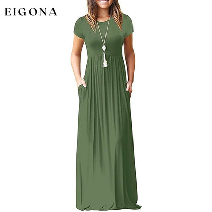 Women's Short Sleeve Loose Casual Long Dresses with Pockets Army Green __stock:200 casual dresses clothes dresses refund_fee:1200 show-color-swatches