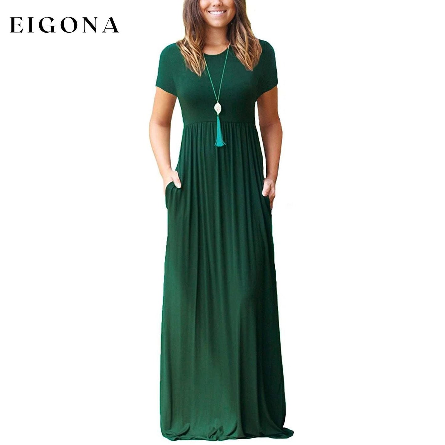 Women's Short Sleeve Loose Casual Long Dresses with Pockets Dark Green __stock:200 casual dresses clothes dresses refund_fee:1200 show-color-swatches